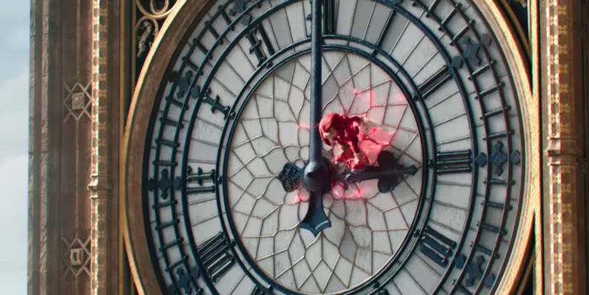 Knuckles from the film "Sonic The Hedgehog 3" leaning against the clock face of Big Ben. Image source: Paramount Pictures