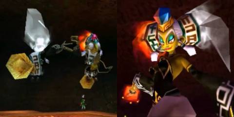 Koume and Koutake fly around Link and Twinrova appears after the witches' transformation.