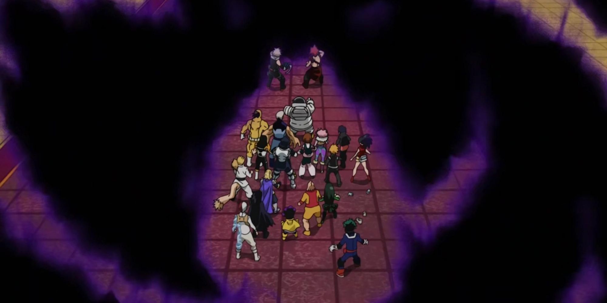 Kurogiri uses his quirk to send the members of Class 1A to different locations.