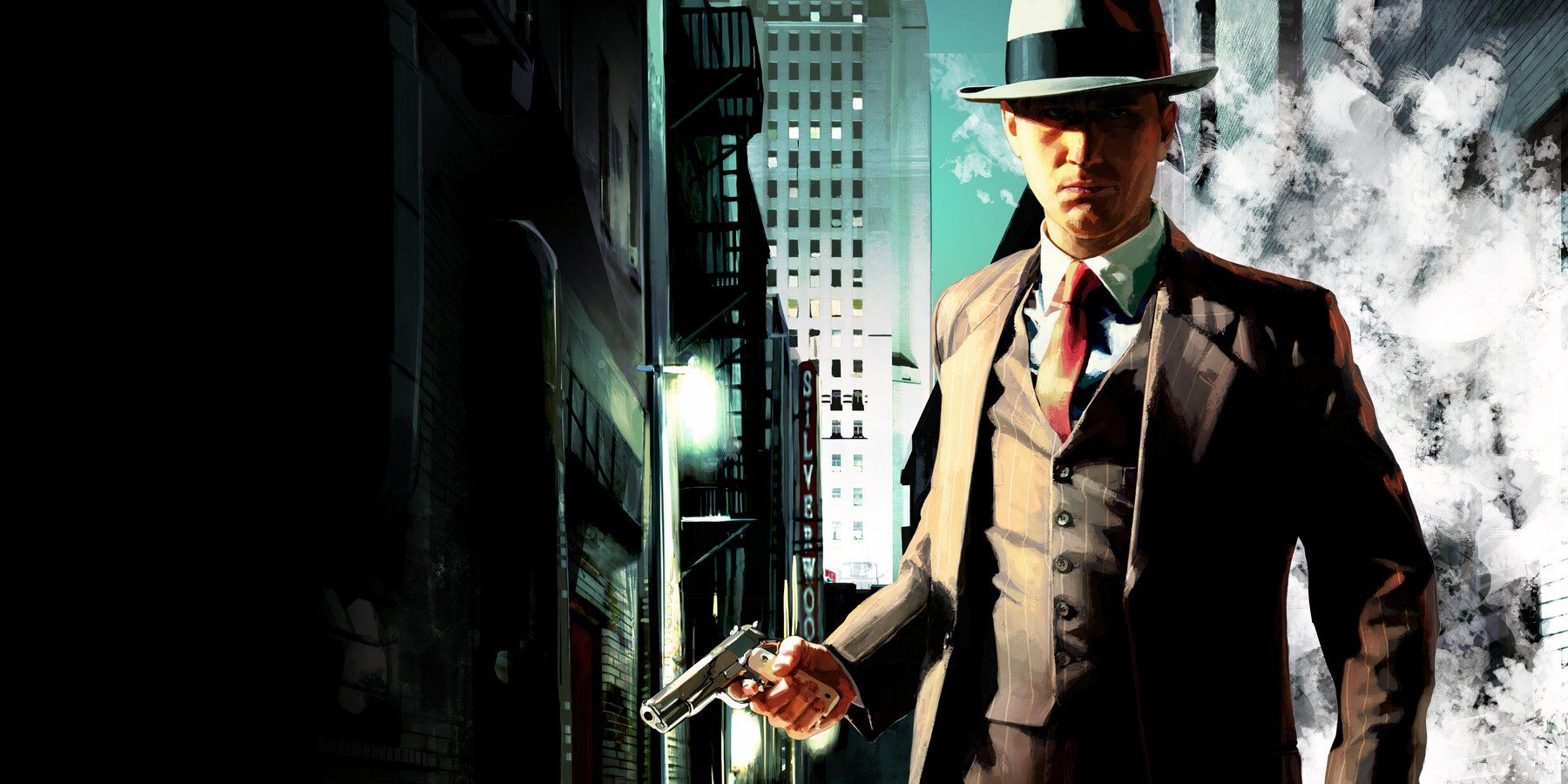 main character of L.A. Noire holding a gun and posing.