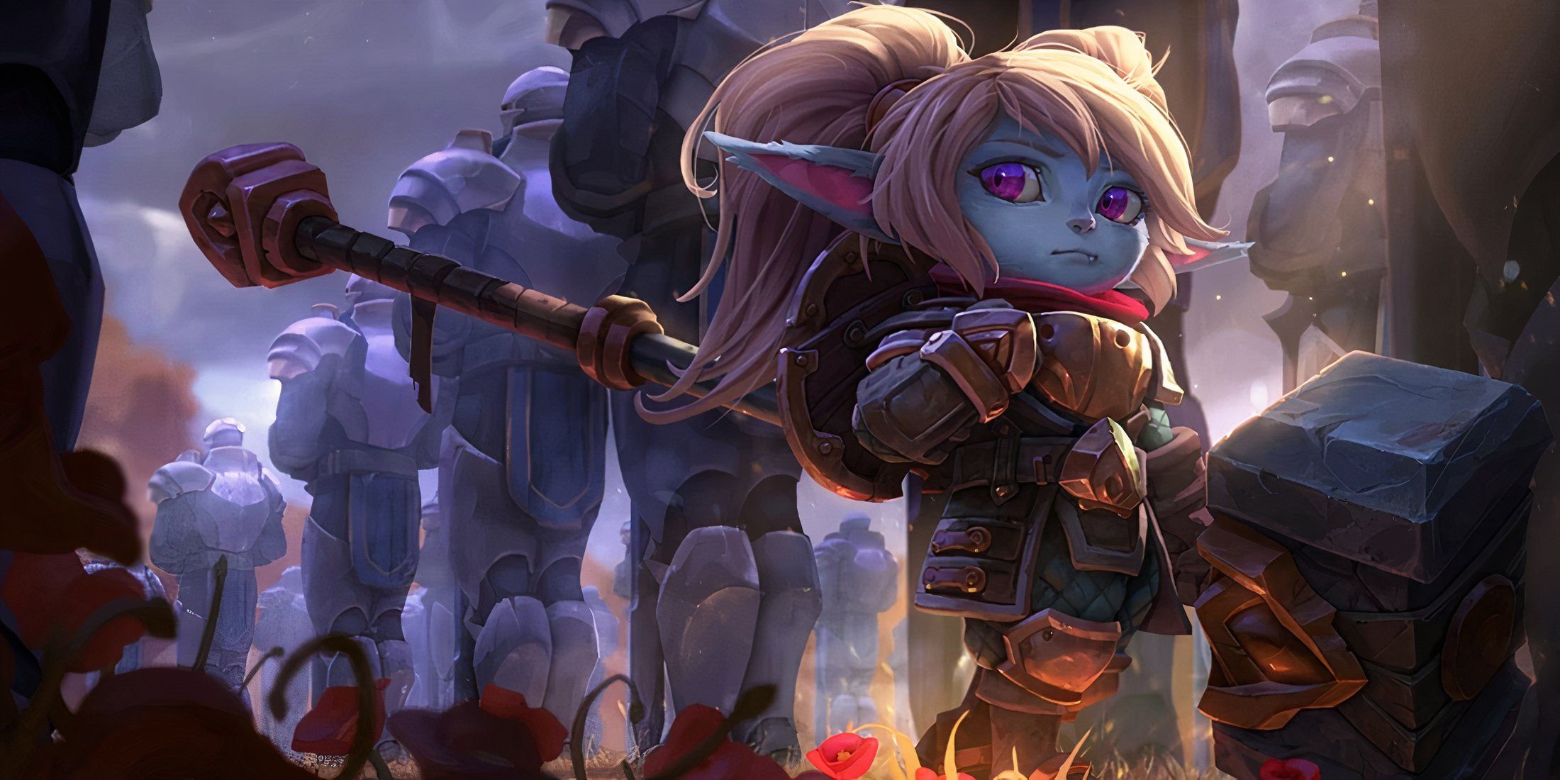 Poppy wandering through Runterra in her League of Legends splash art.