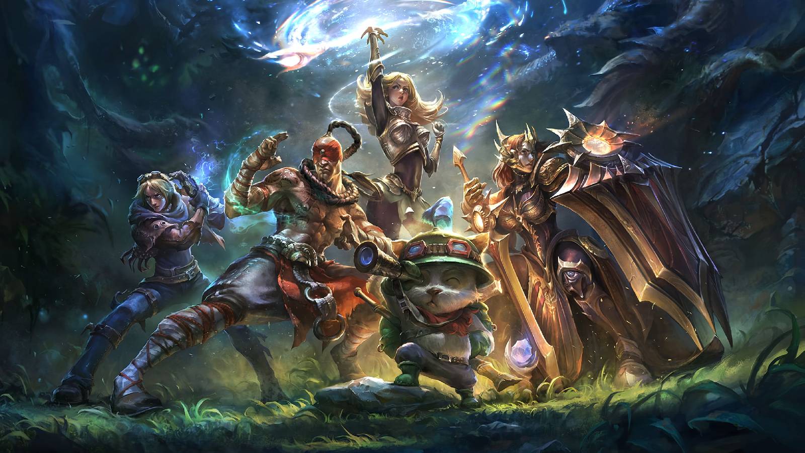 A promotional visual for League of Legends showing playable Champions Ezreal, Lee Sin, Teemo, Leona, and Lux.