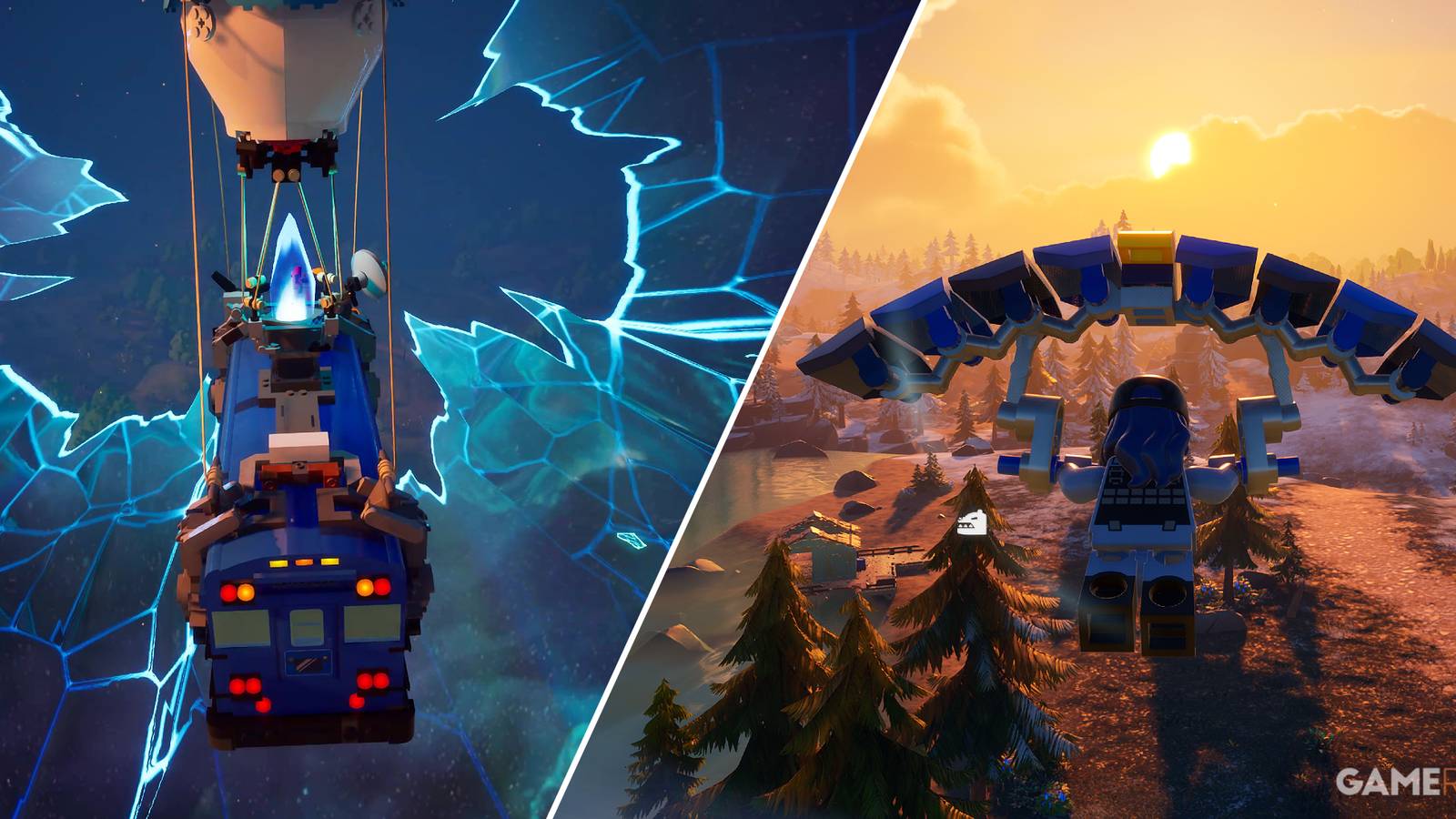 Split-image showcasing the Battle Bus fast travel feature in LEGO Fortnite