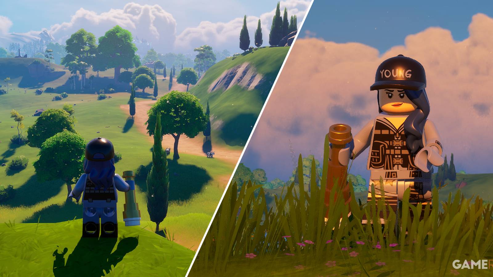 Split-image showcasing the player using a Spyglass in LEGO Fortnite
