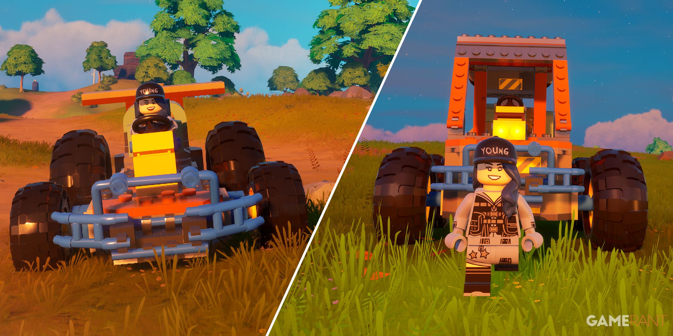 Screenshot showing a kart racer and a custom vehicle in LEGO Fortnite