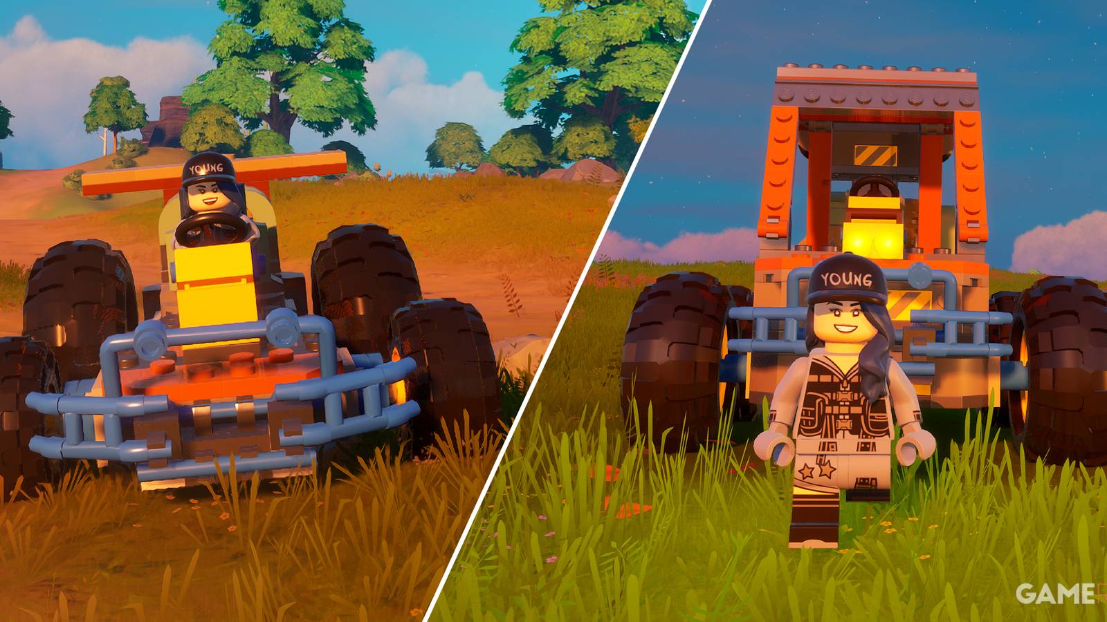 Screenshot showcasing a Kart Racer and a custom vehicle in LEGO Fortnite