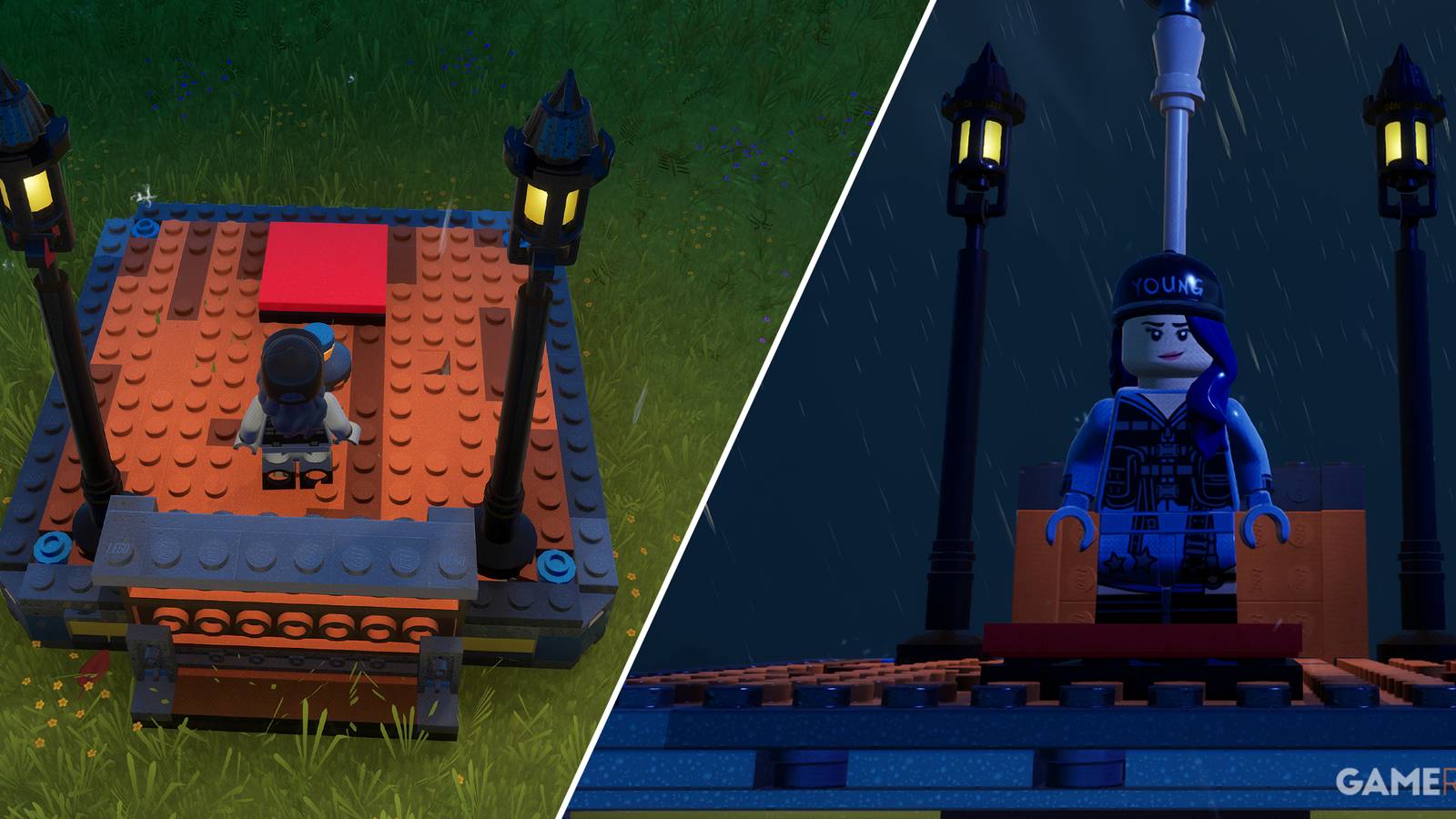 Split-image showcasing the use of a Pressure Plate in LEGO Fortnite