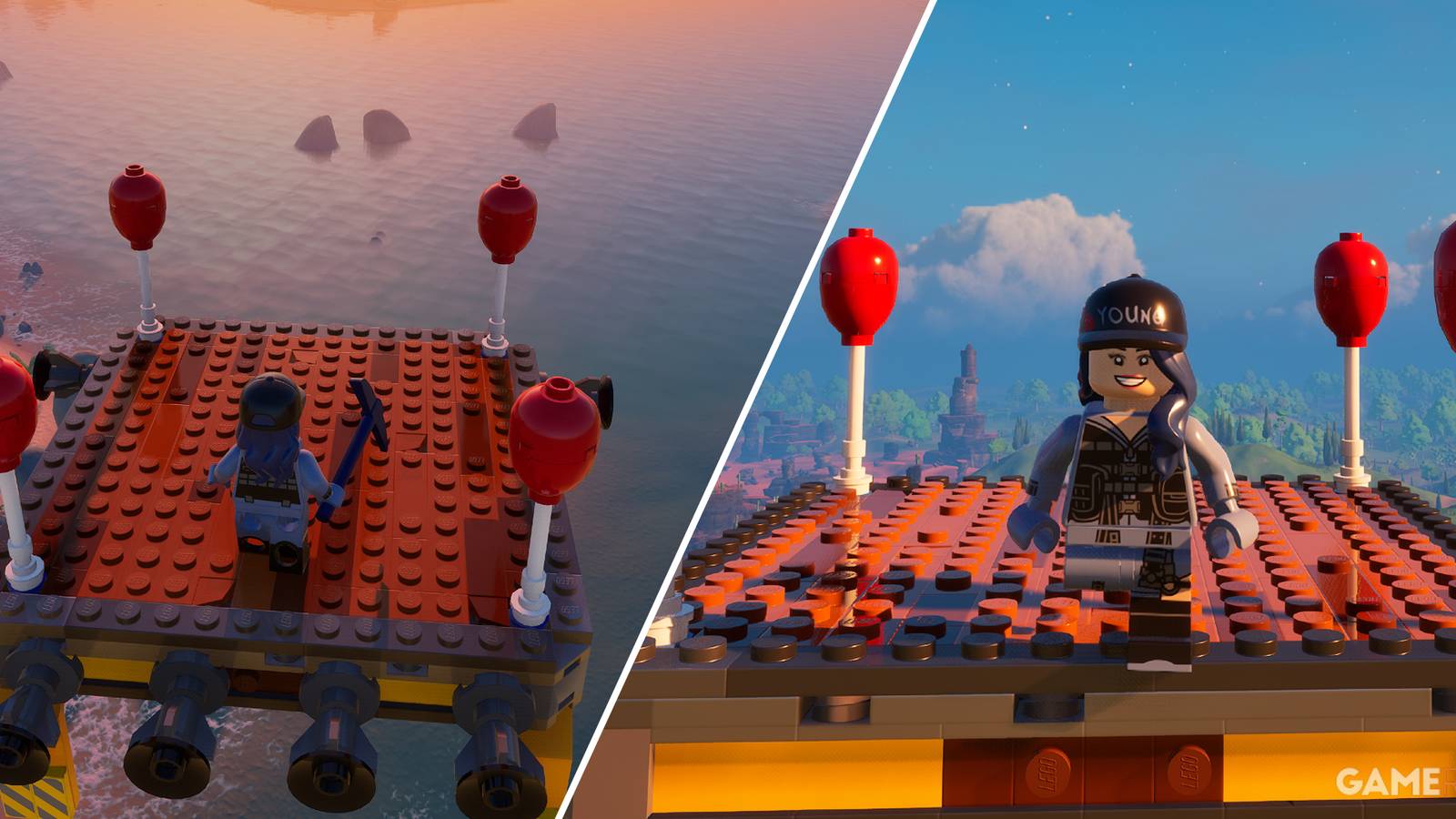 Split-image showcasing the use of Activated Balloons in LEGO Fortnite