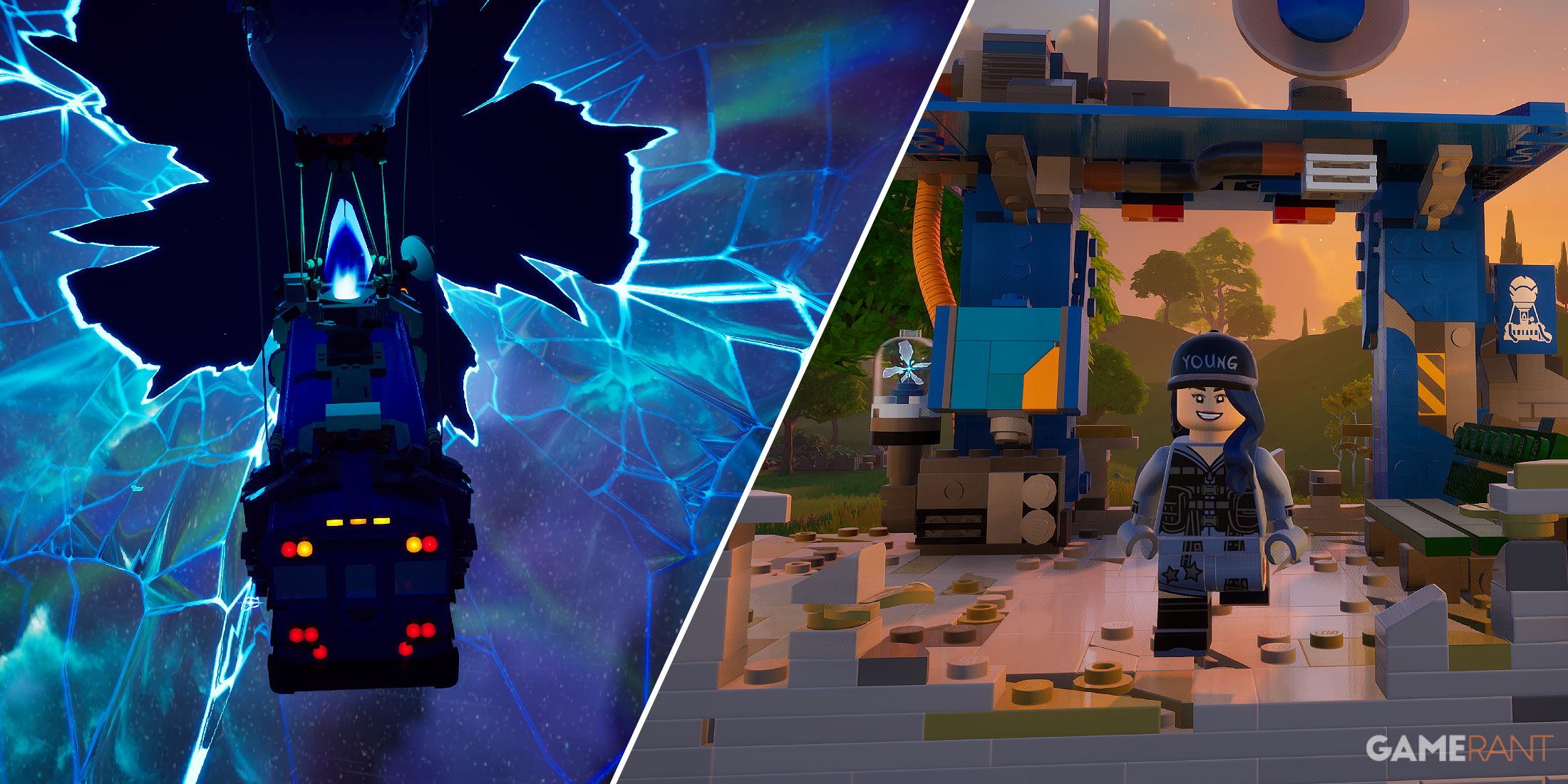 Split image showing the fast travel feature in LEGO Fortnite