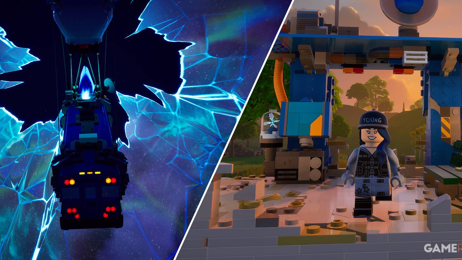 Split-image showcasing the fast travel feature in LEGO Fortnite