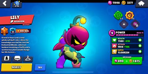 Lily standing in front of a blue background in the Brawl Stars menu