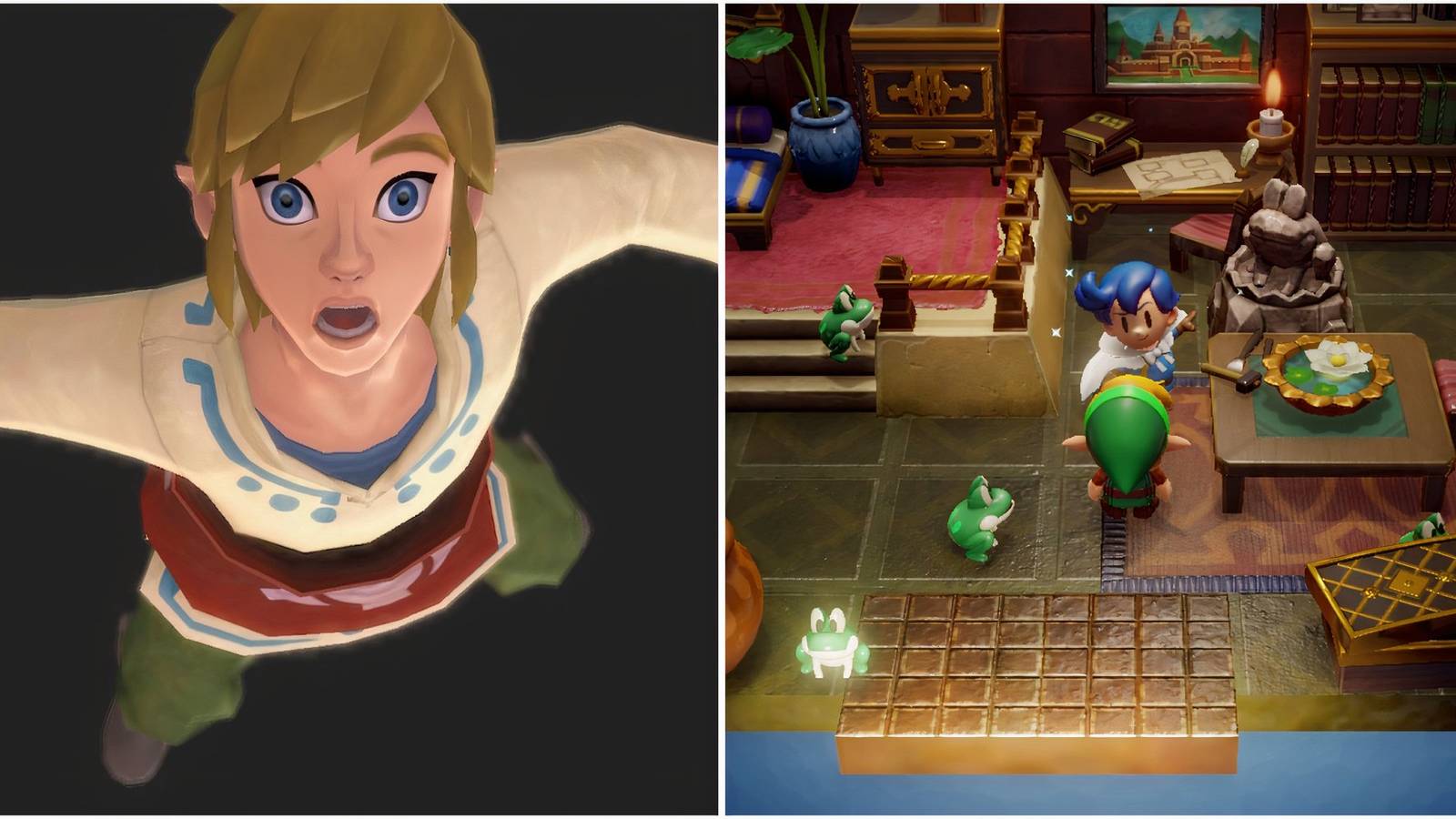 Link in The Legend of Zelda Skyward Sword and talking to an NPC in The Legend of Zelda Link’s Awakening