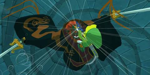 Link stabs Ganondorf in the head.