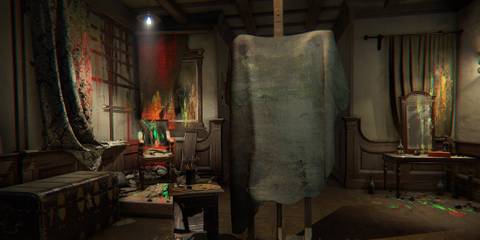 A room full of hand-painted art with one canvas covered by a sheet in Layers of Fear
