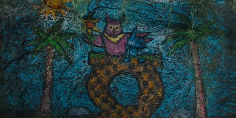 A chalk drawing of the owl Longclaw (left) and Sonic (right), sitting on top of a loop. Image source: Paramount Pictures