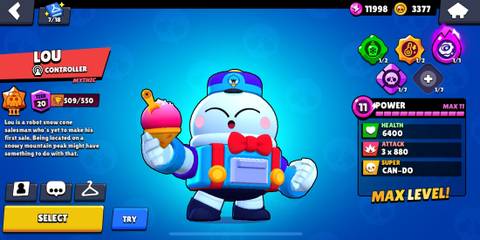 Lou standing in front of a blue background in the Brawl Stars menu