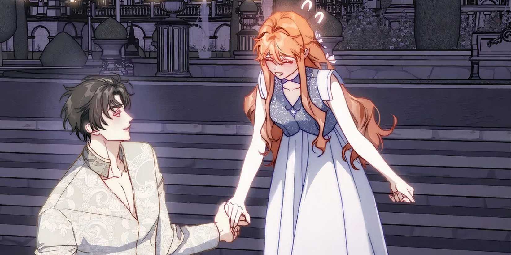 Lucia and Hue standing on the staircase of their mansion in Lucia.