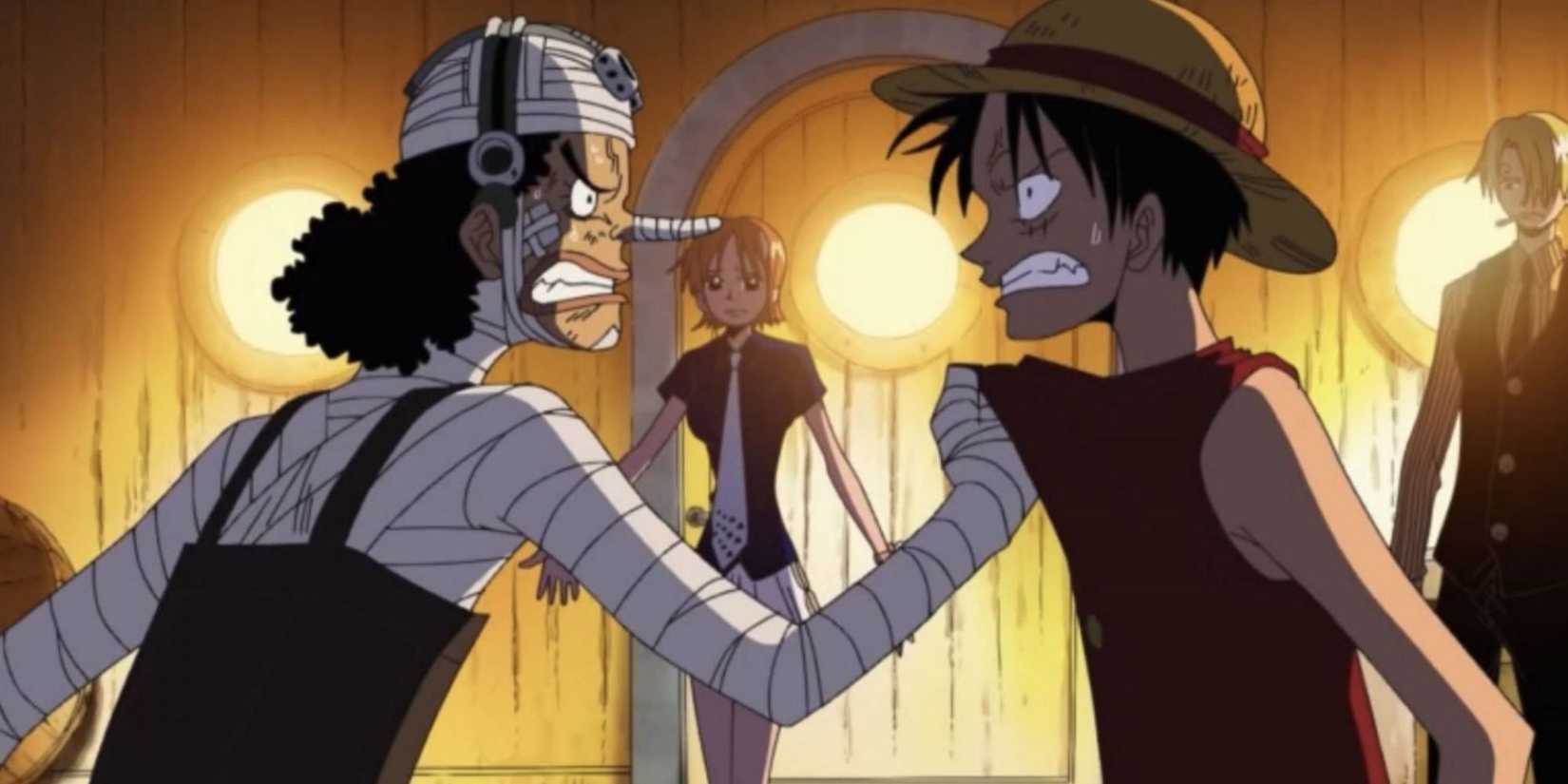 Luffy and Usopp fight while debating the fate of the Going Merry, while Nami and Sanji try to intervene.