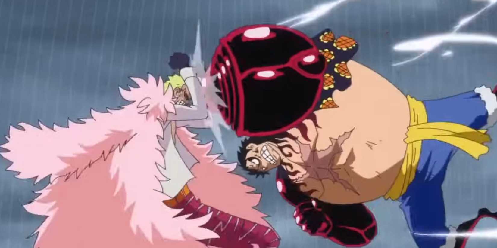 Luffy unleashes his new King Kong Gun on Doflamingo.