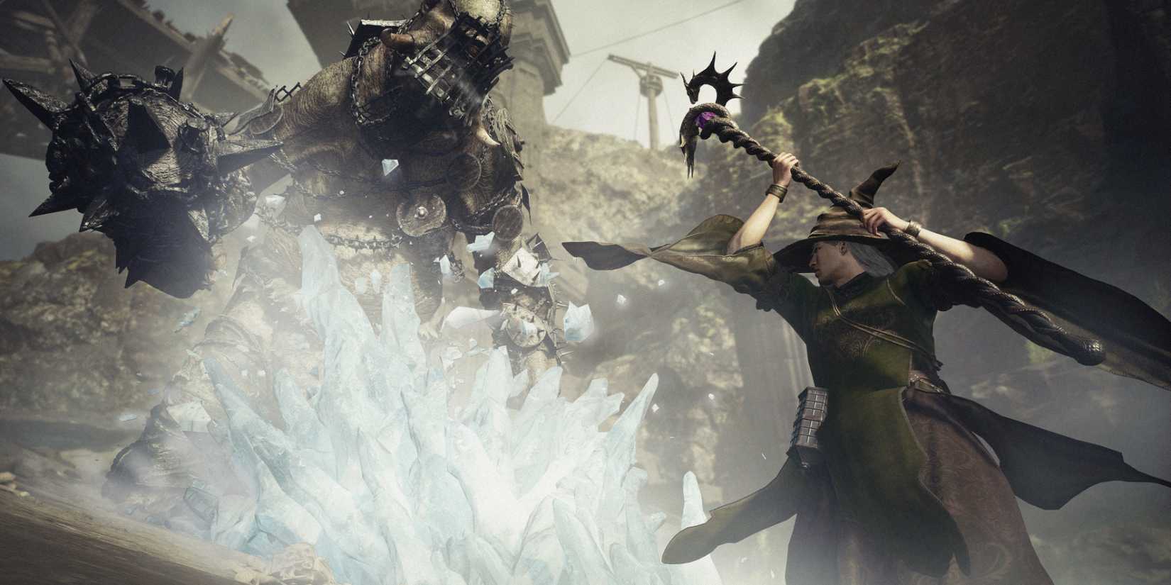 Mage casting ice magic against a giant enemy in Dragon's Dogma 2