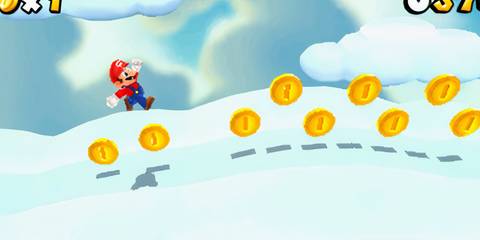 mario collecting coins in a snow level