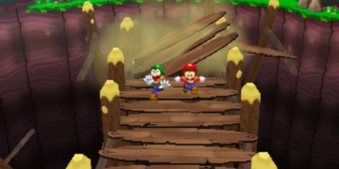 mario and luigi running across a breaking bridge