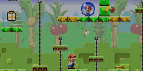 Mario on a moving platform in the jungle