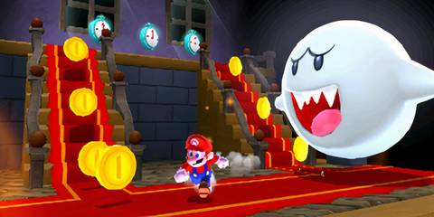 Mario running from a Big Boo in Super Mario 3D Land