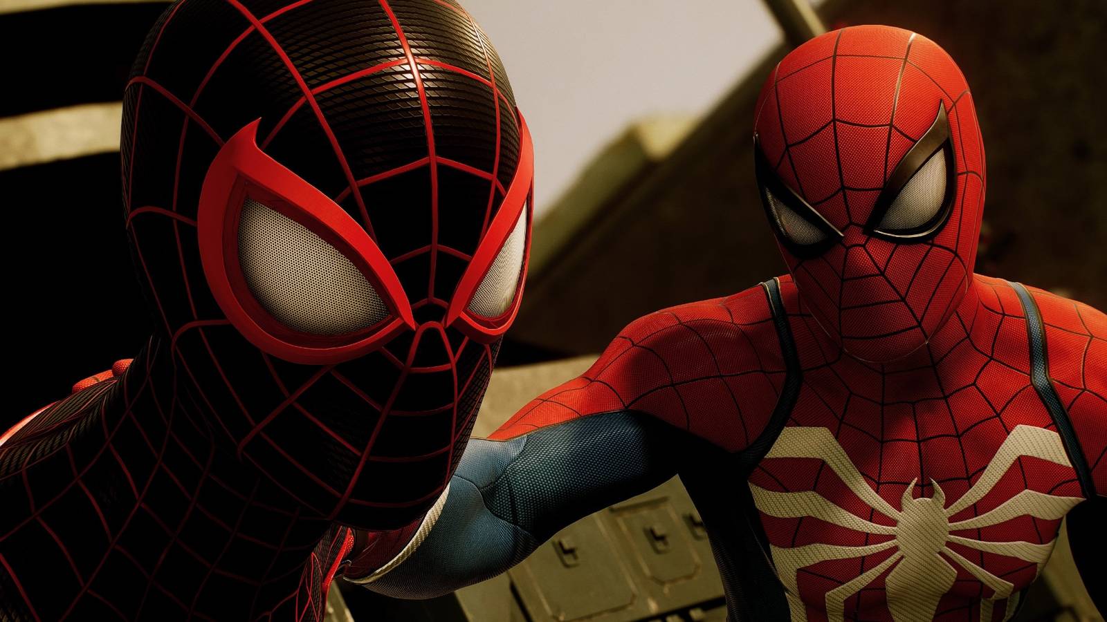 Marvel's Spider-Man 2 Peter with his hand on Miles' Shoulder