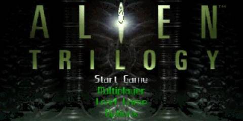 A screenshot of the title screen from the PS1 game Alien Trilogy