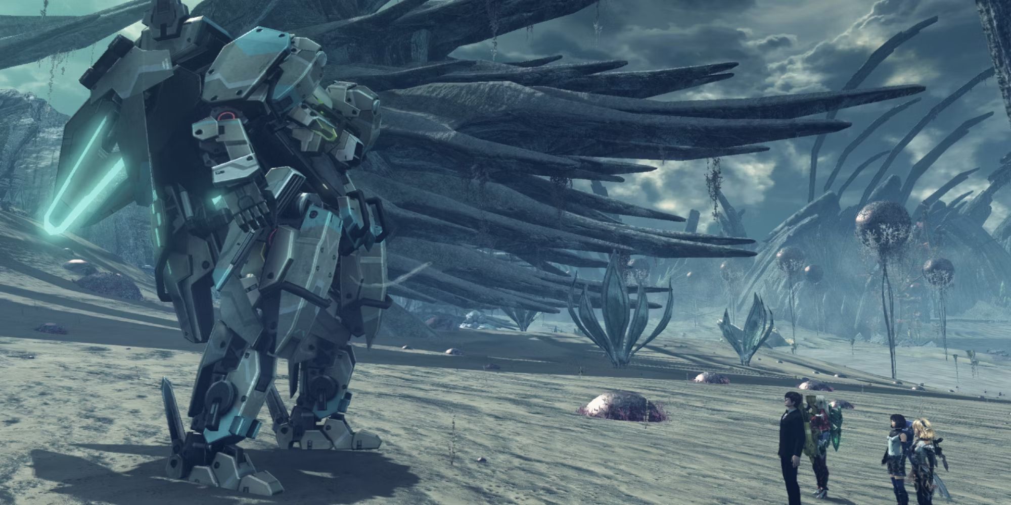 Players facing a Skell on a beach