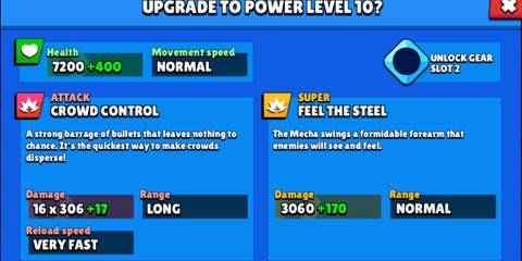 A display of Meg's Mecha stats on a blue background in Brawl Stars