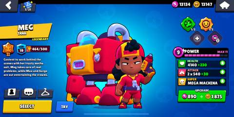 Meg and her Mecha standing on a blue background in the Brawl Stars menu