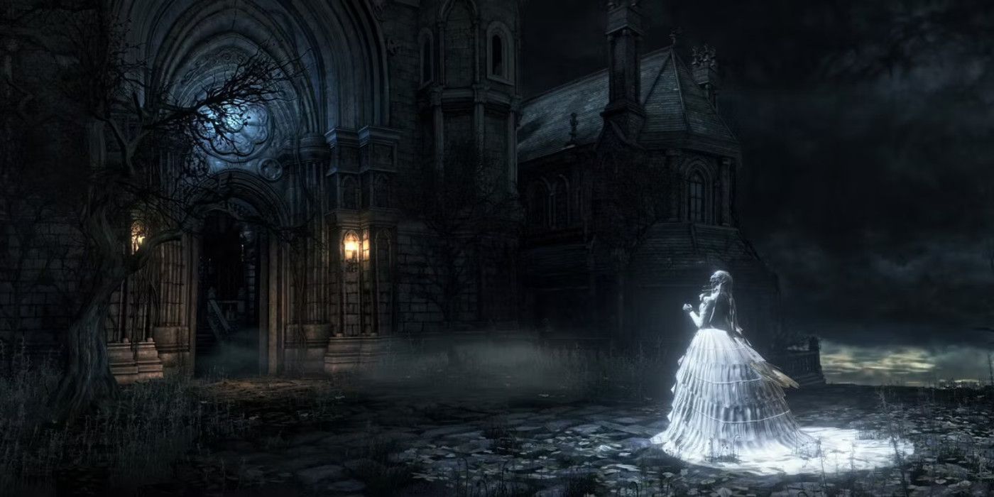 Queen Yharnam standing before Mergos Loft in Bloodborne