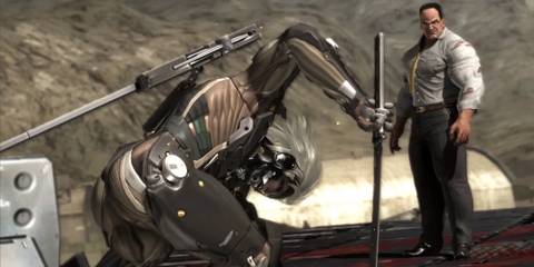 Raiden kneeling before Senator Armstrong in Metal Gear Rising: Revengeance