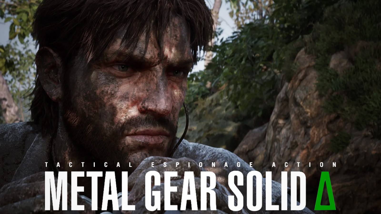 Metal Gear Solid Delta Snake Eater close-up of Naked Snake behind white game logo 2x1 composite