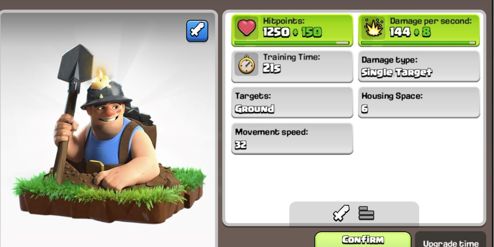 Miner holding a shovel in a hole next to a display of its statistics in Clash of Clans 