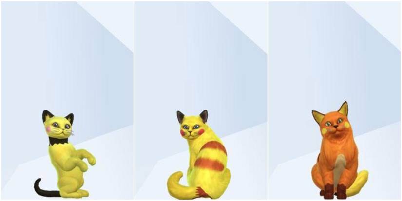 An image of Pikachu, Raichu and Pichu from Pokémon recreated in The Sims 4
