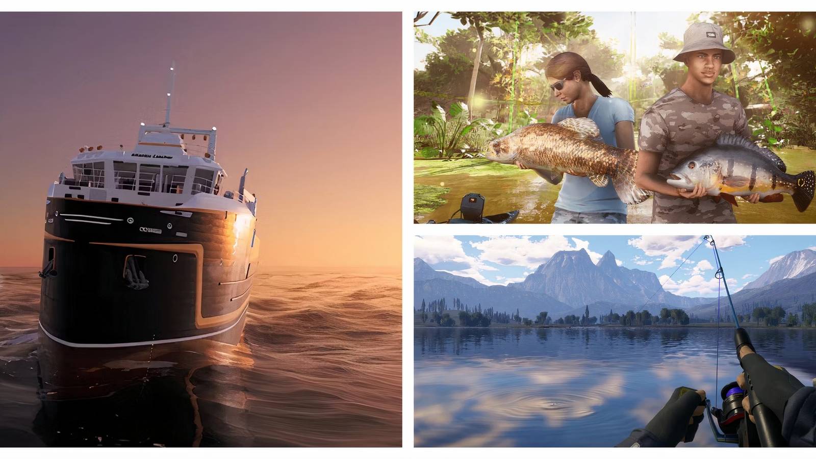 Boat, fishing using rod and two players holding fish