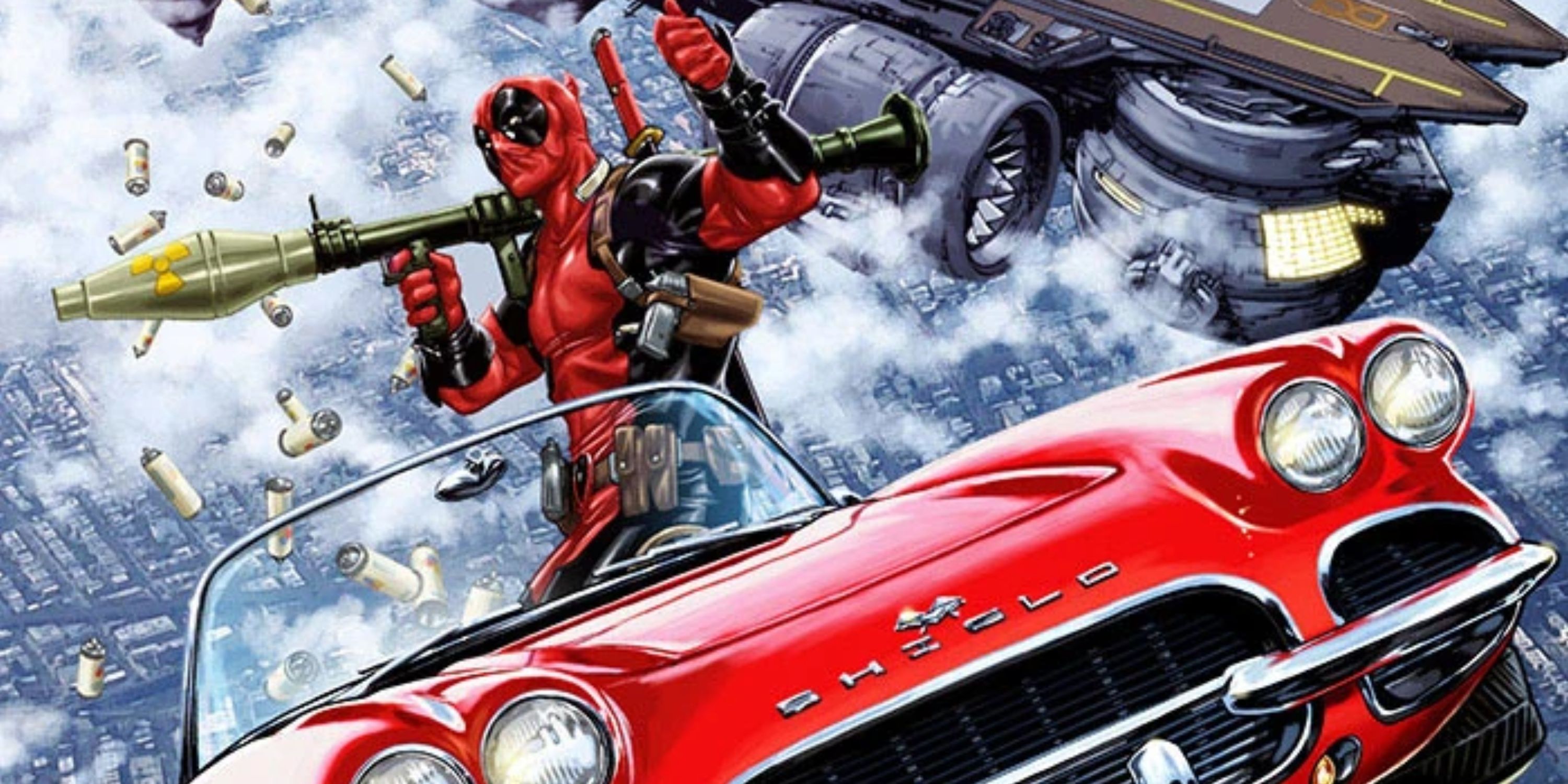 deadpool with a bazooka flying away from a S.H.I.E.L.D. carrier