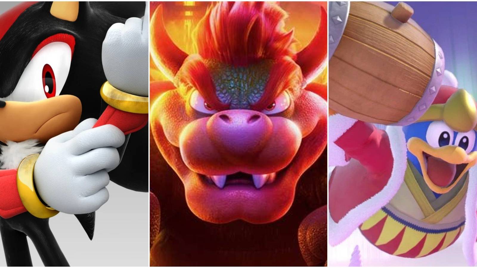 A collage of Shadow the Hedgehog, Bowser and King Dedede from Sonic the Hedgehog, Mario and the Kirby video game series's