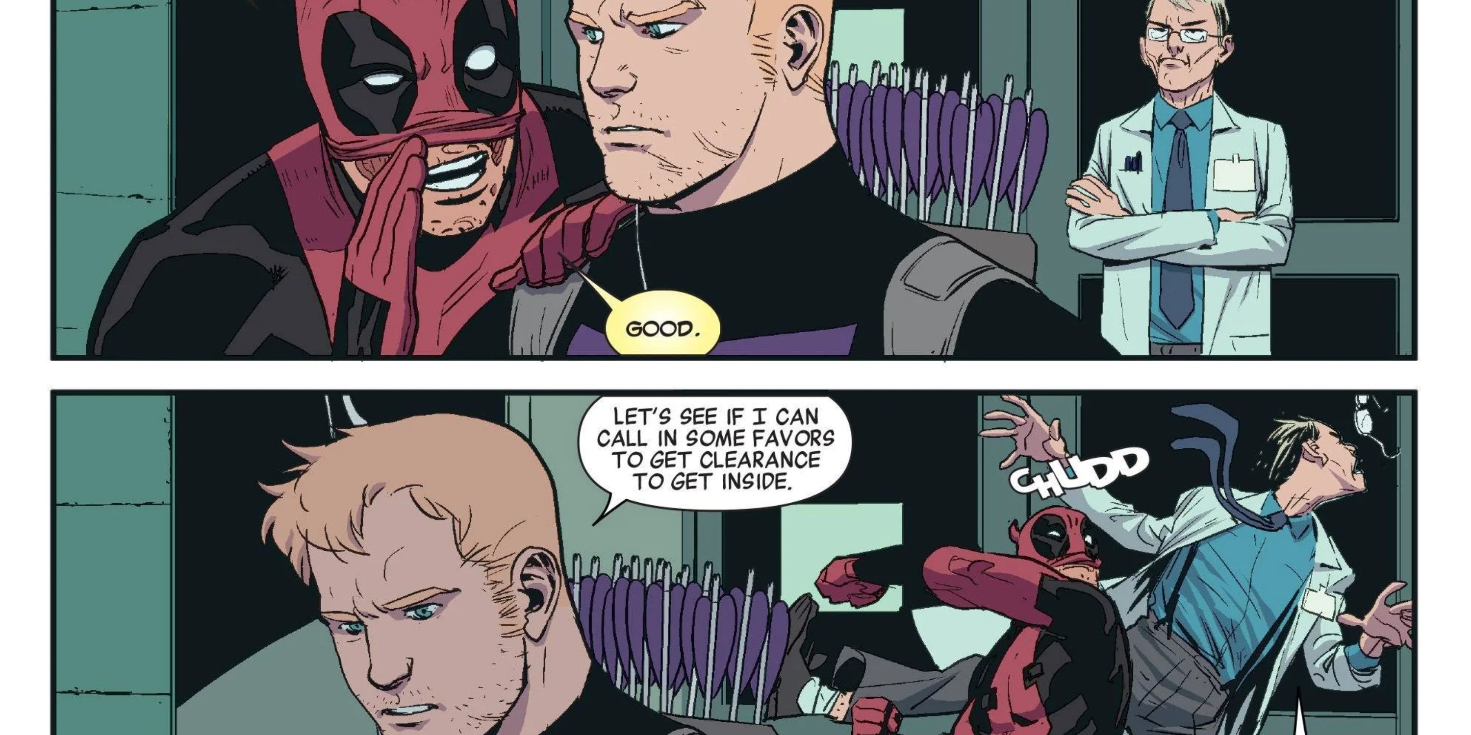 deadpool interacting with hawkeye