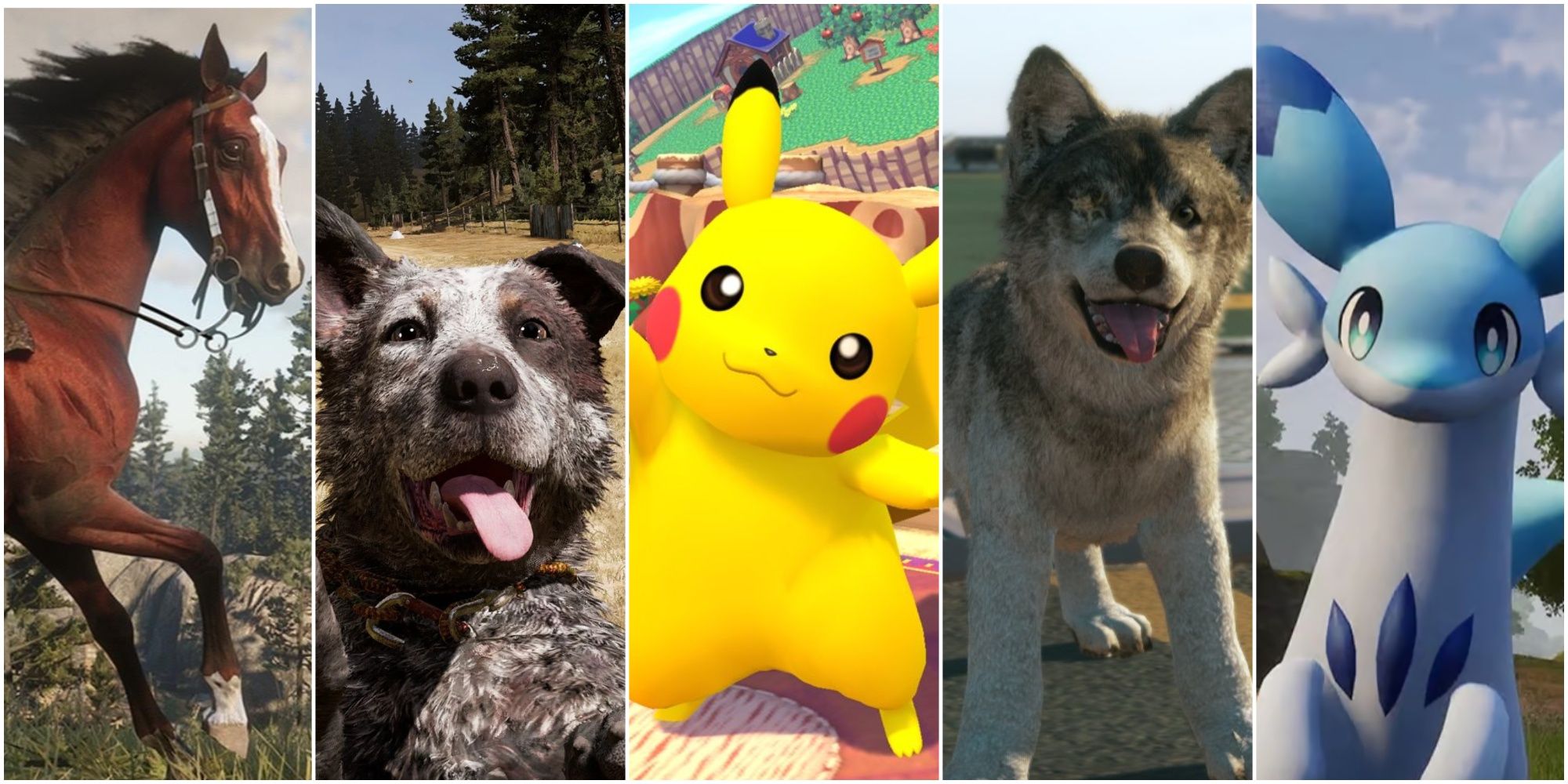 A picture of a horse from Red Dead Redemption 2, Boomer the dog from Far Cry 5, Pikachu from Pokemon, D-Dog from Metal Gear Solid V and Chillet from Palworld 