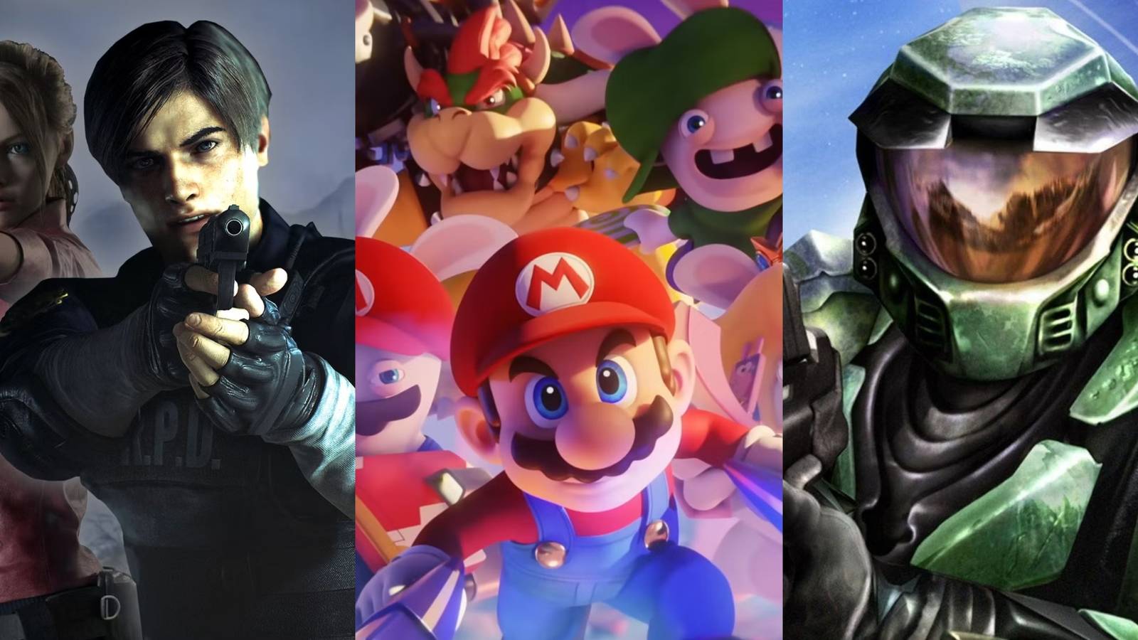 A split image of Resident Evil, Mario, and Halo