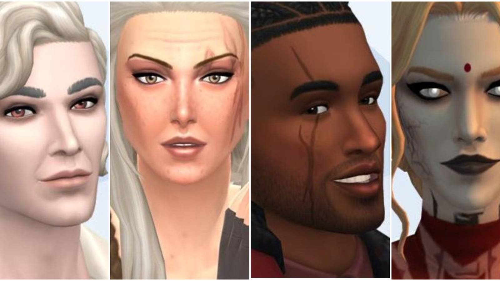 A collage of images of the Baldur's Gate 3 characters Astarion, Jaheira, Wyll and Orin the Red recreated in The Sims 4