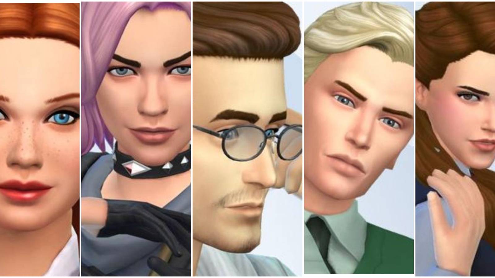 A collage of images of the Harry Potter characters Ginny Weasley, Nymphadora Tonks, Harry Potter, Draco Malfoy and Hermione Granger recreated in The Sims 4