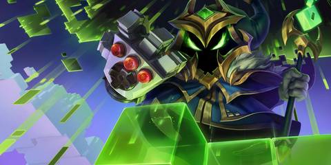 Final Boss Veigar bombards his enemies with magic in his League of Legends splash art.
