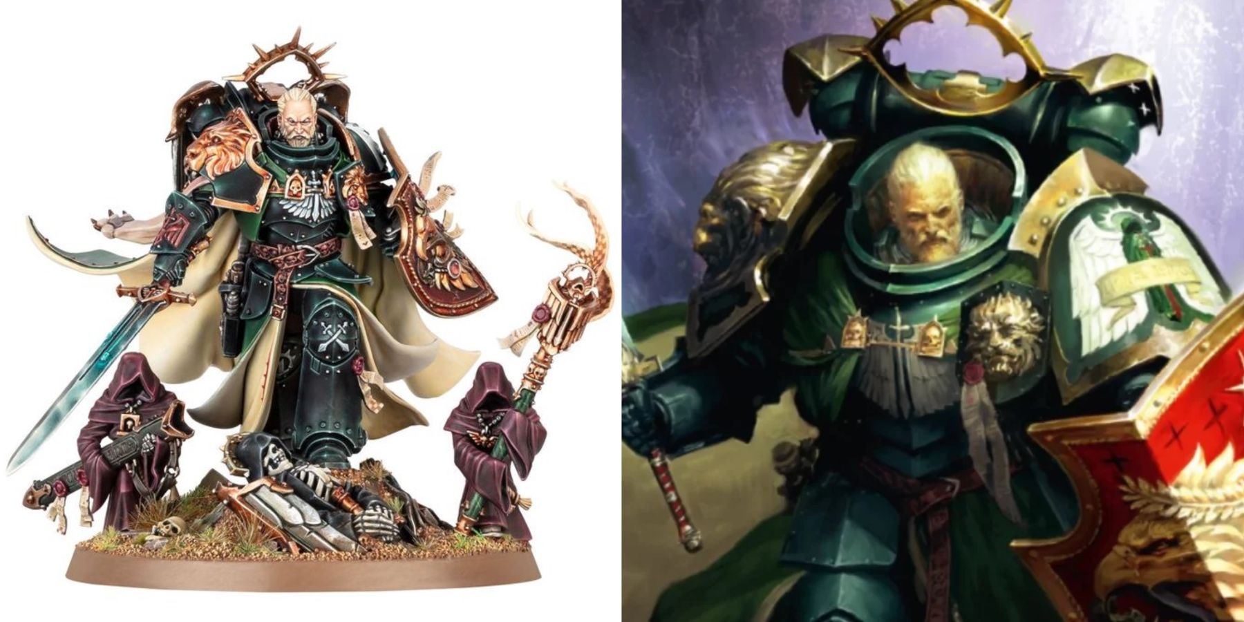 Warhammer 40K: 10 Characters That Deserve A TV Series Model of the lion and image of him holding a shield