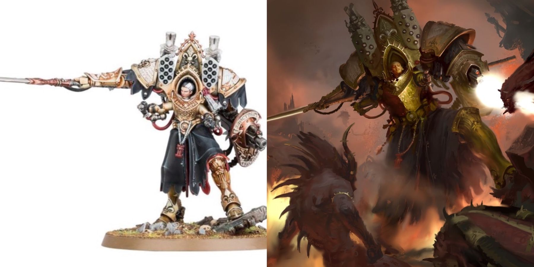 Warhammer 40K: 10 Characters That Deserve A TV Series Model of the Abbess and image of her shooting daemons in her warsuit