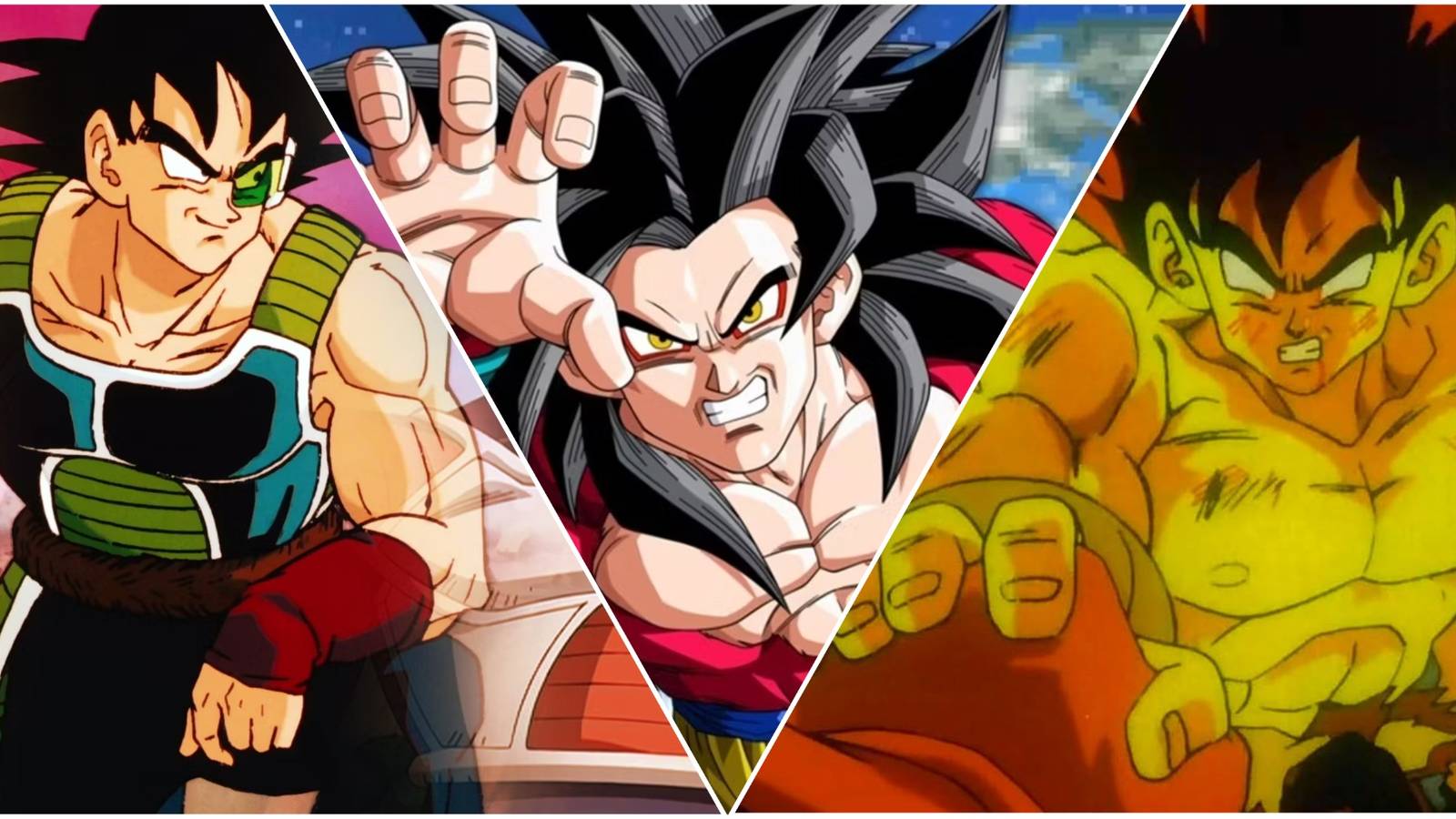 A collage image of Bardock, Super Saiyan 4 Goku, and False Super Saiyan Goku